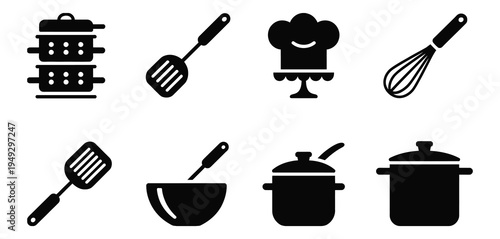 Kitchen icons set featuring pot on stove, cooking utensils, and chef’s hat, black and white minimalist vector design, clean outline illustration.