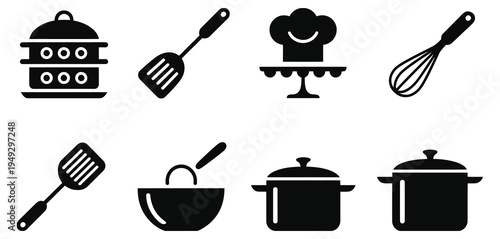 Kitchen icons set featuring pot on stove, cooking utensils, and chef’s hat, black and white minimalist vector design, clean outline illustration.