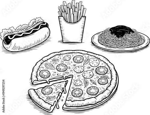 Vintage Style Hand Drawn Fast Food Feast Pizza Hot Dog Fries Spaghetti