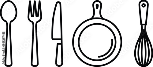 Kitchen cooking utensils icons set vector with cutting board