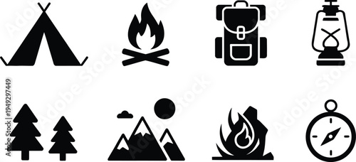 Camping adventure icons pack with tent and fire