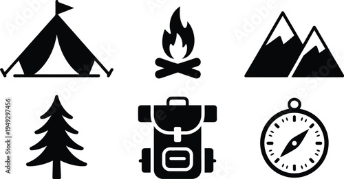 Outdoor camping icons set for adventure