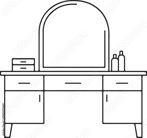 Elegant Dressing Table with Mirror Vanity Furniture Minimal Line Art Vector Illustration