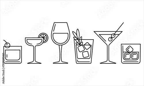 Diverse selection of outlined cocktail and beverage glasses showcased in a clean, minimalist style