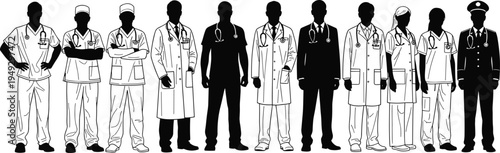  Diverse medical team silhouettes including doctors, nurses, and surgeons in lab coats and scrubs with stethoscopes for healthcare professional concepts.