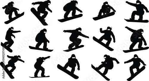 Snowboarder silhouette jumps and tricks collection, winter extreme sport action poses set, freestyle snowboarding athlete silhouettes isolated for sports design