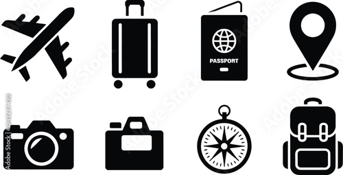 Travel icons set: airplane, suitcase, passport, camera, compass, backpack