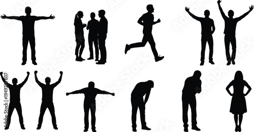 Diverse people silhouette set including man running, cheering, arms outstretched, group talking, and woman standing for community and lifestyle concepts.