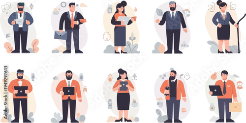 Diverse business professionals in modern office attire are depicted in a flat illustration style