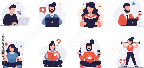 Digital life work, leisure, and learning captured in flat illustrations