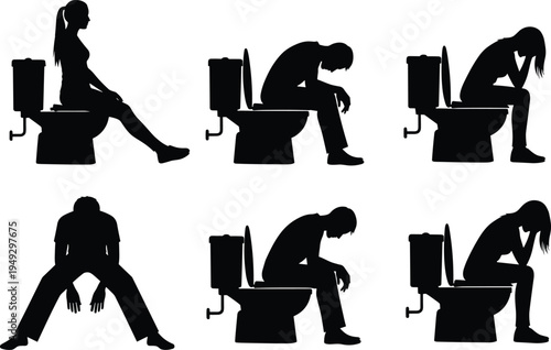 People silhouettes sitting on toilet including men and women experiencing stomach pain, constipation, diarrhea, and depression for healthcare medical concepts.