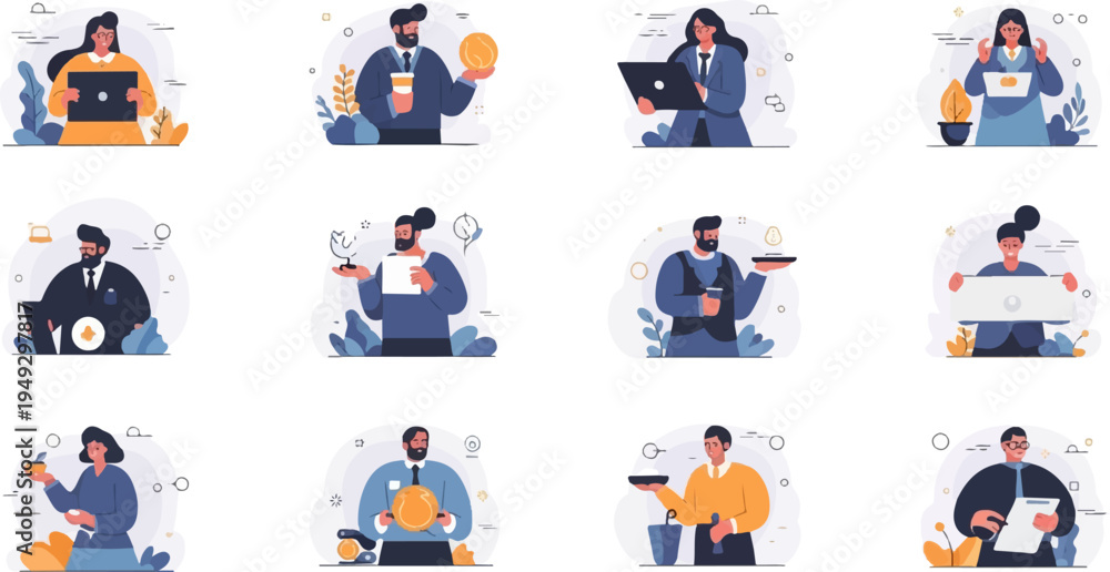 Fototapeta premium Diverse business professionals interacting with technology, drinks, and financial symbols