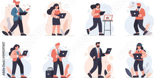 Diverse business professionals interacting with technology and devices