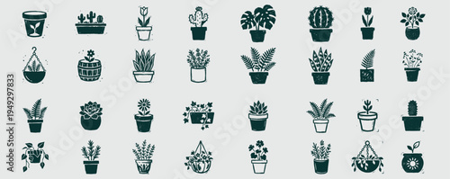 Collection of Hand Drawn Rustic Potted Plant Linocut Icons