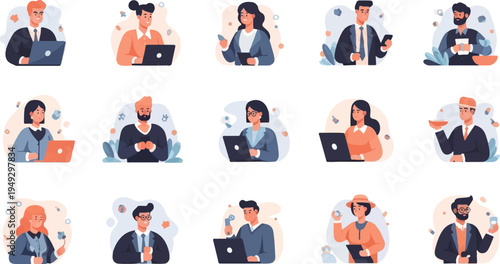 Diverse business professionals working and holding objects in flat design style