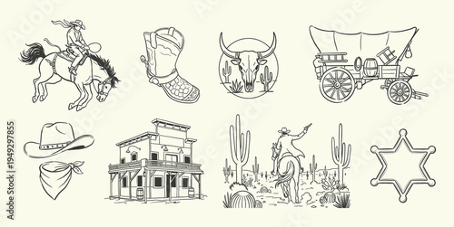 Vintage Wild West Cowboy Hand Drawn Line Art Illustration Set