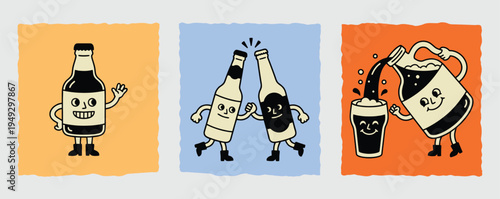 Vintage Rubber Hose Style Beer Bottle and Jug Mascot Illustrations