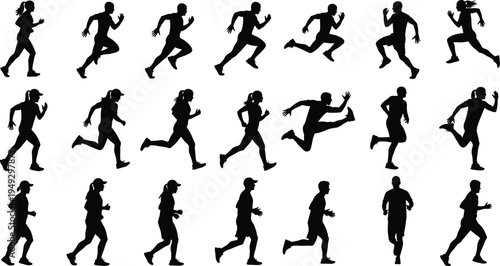 Running people silhouettes collection, male and female runners sprinting jogging poses set, athletic fitness running silhouettes isolated for sport training design