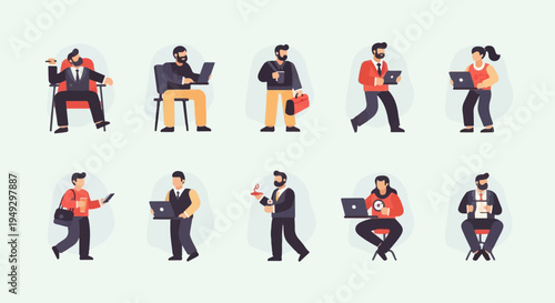 Diverse businesspeople engaged in work and leisure activities