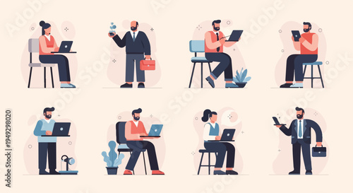 Diverse business people working remotely with laptops and tablets