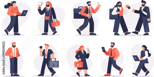 Diverse business professionals interacting with technology and carrying briefcases