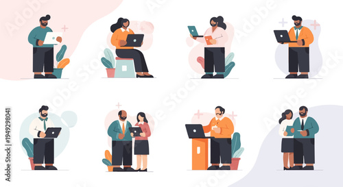 Diverse business people working with laptops and tablets in an office setting