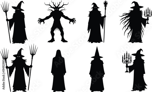 Black Silhouette Vector Illustration Set of Creepy Wizards, Dark Cultists, Mysterious Mages, Forest Monsters, and Grim Reapers for Halloween Horror Designs