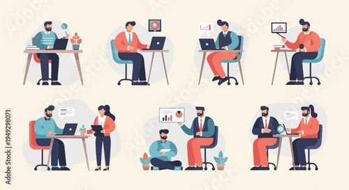 Diverse business professionals collaborate on laptops and presentations in office scenes