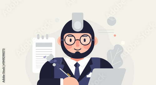 Cheerful businessman with glasses, tie, and suit, working diligently