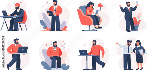 Diverse business professionals engage in various work-related activities, showcasing modern office life