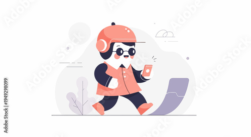 Character with helmet and glasses, holding phone and walking