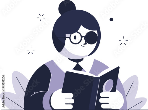 Character with eye patch and glasses reads a book, with abstract sparkles