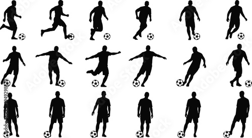 Soccer player silhouette set with ball, football athlete playing kicking running dribbling action poses, male sportsman sports competition vector illustration