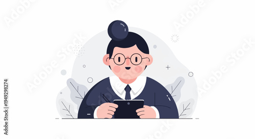 Cheerful cartoon person in glasses with a bun, holding a tablet and stylus