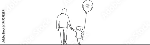 Father's Day Continuous One Line Drawing of Dad and Daughter Walking Hand in Hand with Balloon