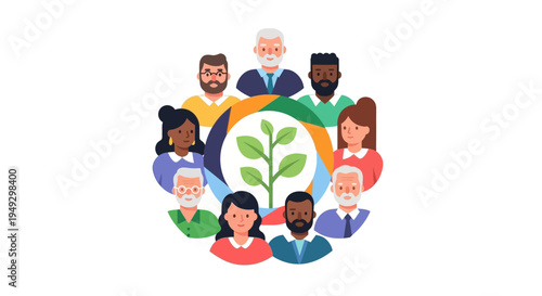 Diverse Global Community Fostering Sustainable Growth: People Circle Around a Green Plant Symbolizing Environmental and Social Responsibility