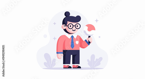 Cheerful cartoon character in glasses holding a lollipop