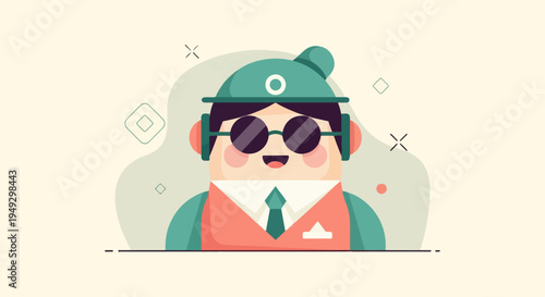 Cheerful cartoon character wearing a hat, sunglasses, and headphones