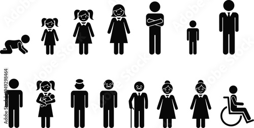People life cycle icon set, human aging process from baby to elderly, family silhouettes, disabled person in wheelchair vector illustration,