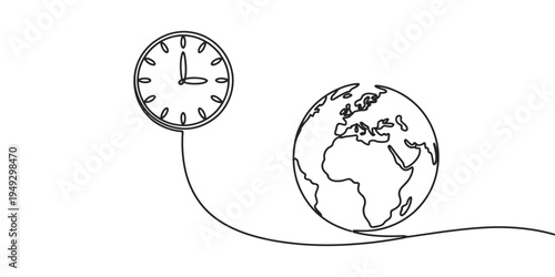 Continuous line drawing connecting a clock to the planet Earth, minimal single line concept, time and global connection vector illustration.