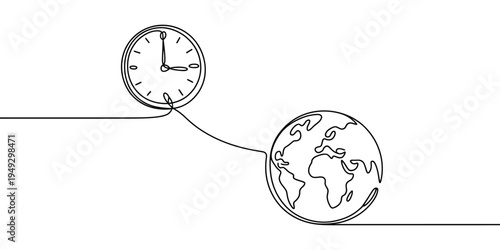 Continuous line drawing connecting a clock to the planet Earth, minimal single line concept, time and global connection vector illustration.