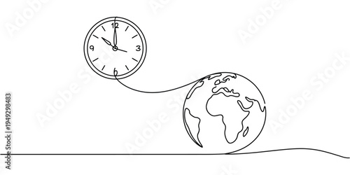 Continuous line drawing connecting a clock to the planet Earth, minimal single line concept, time and global connection vector illustration.