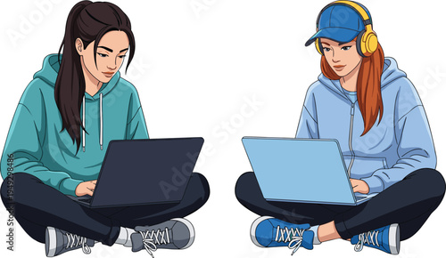 Two young women sitting cross legged using laptops, female student studying working remotely, freelancer girl with headphones vector flat illustration,