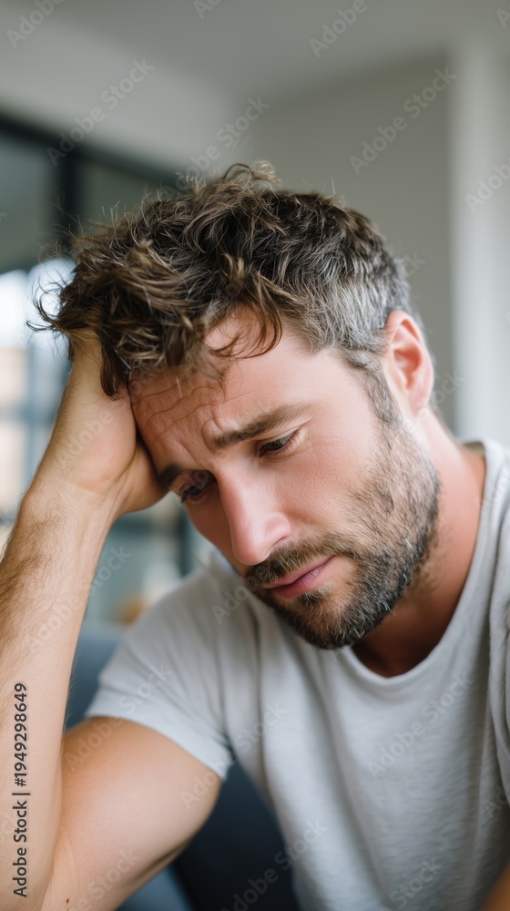Obraz premium Chronic stress. Man suffering from chronic stress. Mental exhaustion and low productivity. Burnout and emotional fatigue. Workplace pressure and overload. Mental health struggle concept. Copy space.