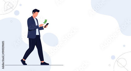 Man Walking with Phone, Money Flying, Mobile Banking Concept