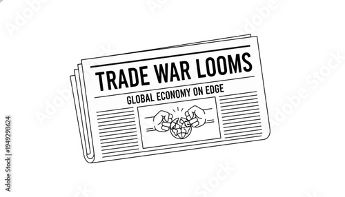 Trade war looms newspaper headline concept. Global economy crisis with clashing fists and cracked globe. Minimalist line art vector illustration isolated on transparent background