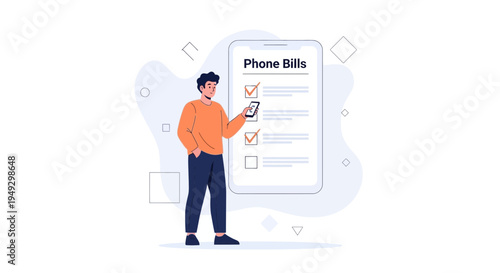Man Checking Phone Bills on Smartphone Screen, Online Payment Concept