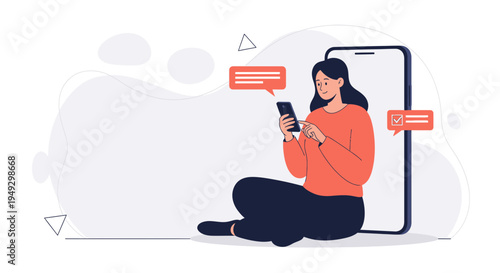 Woman texting on smartphone with chat bubbles and large phone screen background