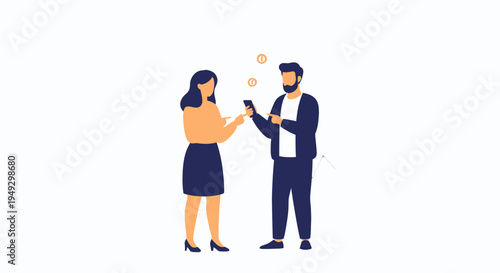 Man and Woman Using Smartphones with Bitcoin Symbols Floating Above