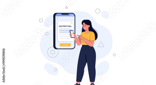 Woman Paying Electricity Bill Online via Mobile App, Digital Payment Concept